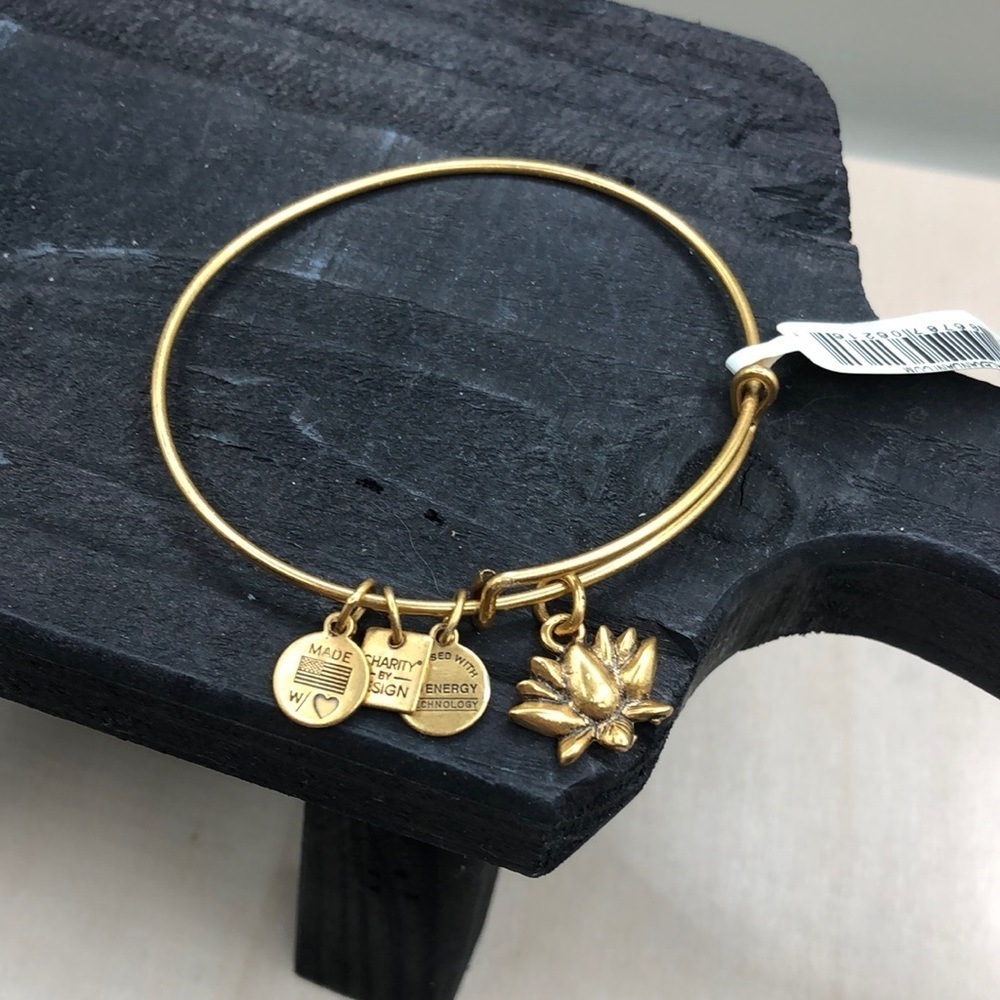 Alex and Ani gold tone lotus blossom charm bangle bracelet, boho.